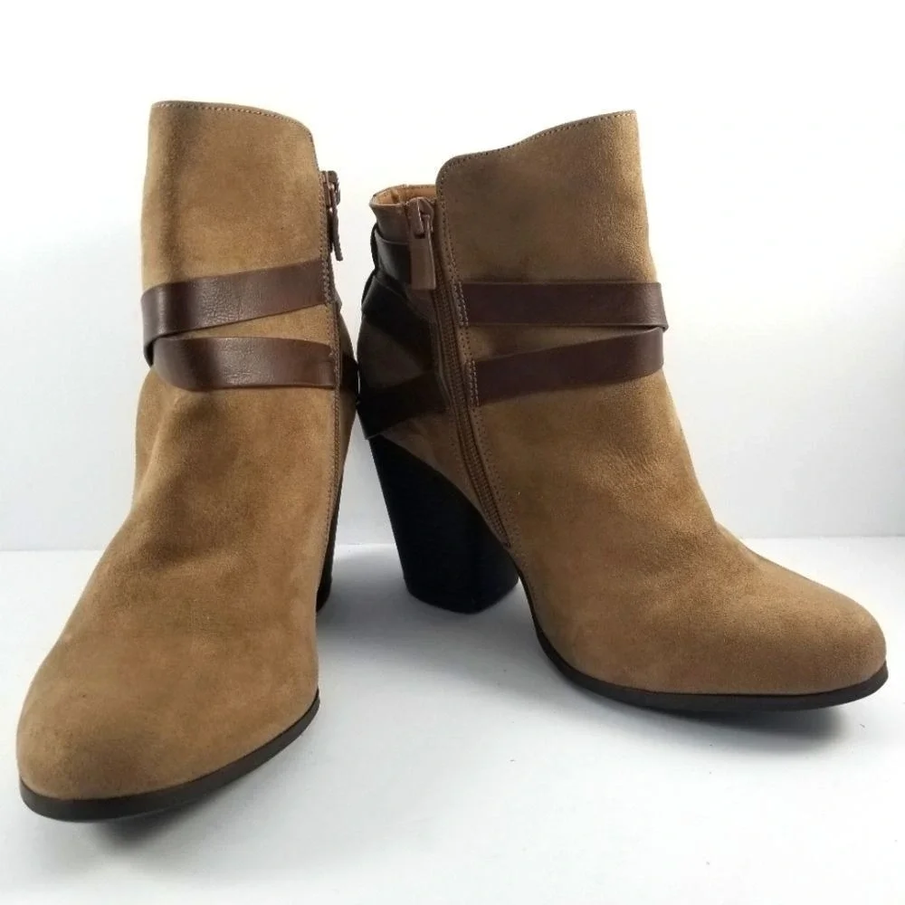 Tan Microfiber Suede Harness Ankle Boots‎ Brown Straps Block Heel 9W